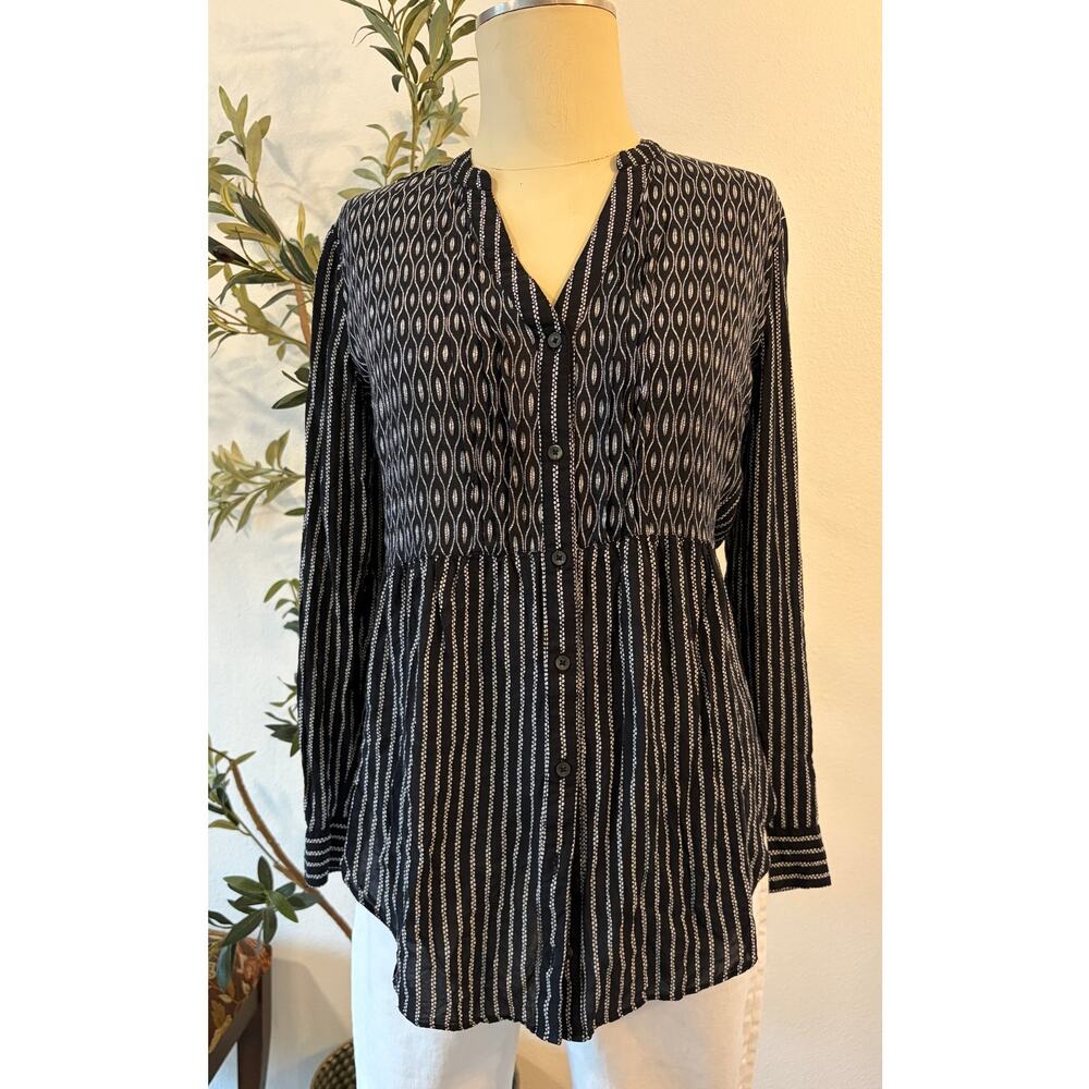 Anthropologie Maeve Black White Mixed Print Button Front Peplum Blouse Size 6